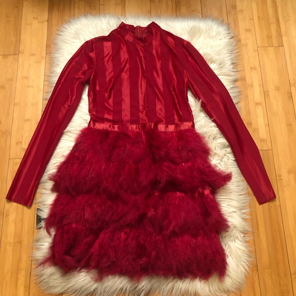 Pretty Little Thing Red Feather Satin Sheer Long Sleeves Party Mini Dress 4 - Picture 2 of 12